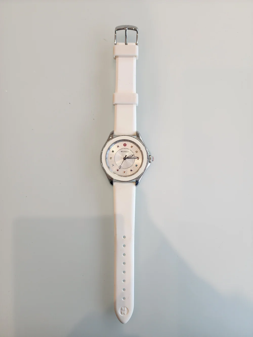 Michele White Silicone Strap Watch with Silver Dial and Crystal Markers